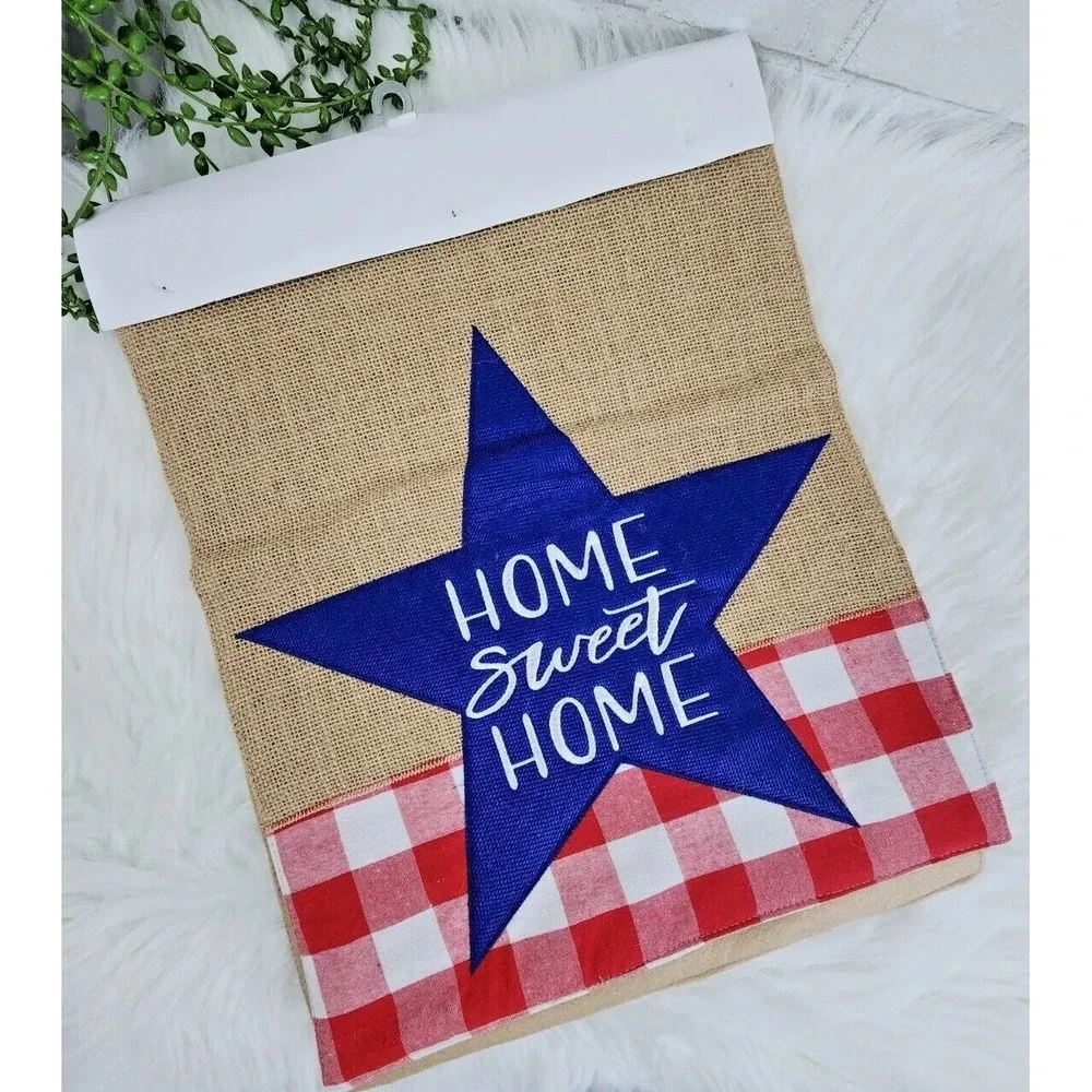 Patriotic Table Runner 16"x80" Red White Blue Plaid Stars Burlap Home Sweet Home - Picture 2 of 5